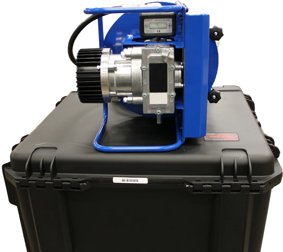 Windlube flow meter pump kit resting on its closed shipping case